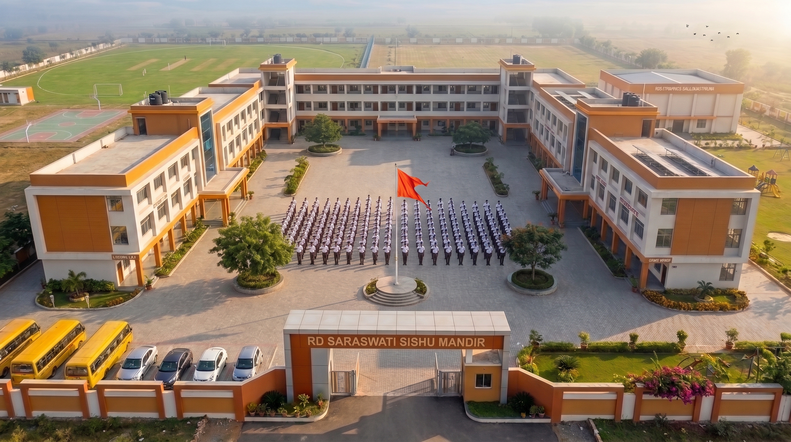 Aerial view of the school campus with students assembled around the Indian flag